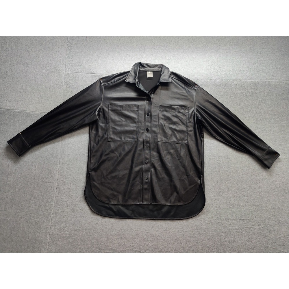 Calia Women Shirt M Black Faux Leather Button Front Chest Pockets Outerwear